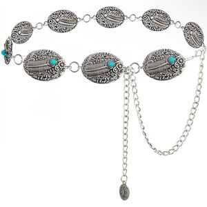 New Boho, Western Turquoise Accent Silver Concho Waist Belt Medium